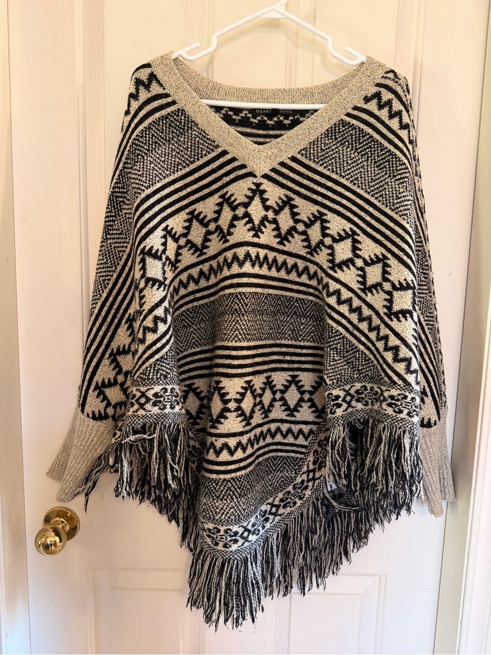 Heart Soul Women’s Black and Cream Knit Sweater Poncho - Medium